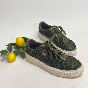 NEW Puma Basket Platform Satin Brocade Olive Army Green Ribbons Copper Detail 8